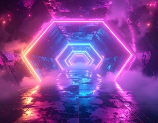 Hexagonal neon tunnel with smoke and vibrant colors of pink, blue, and purple
