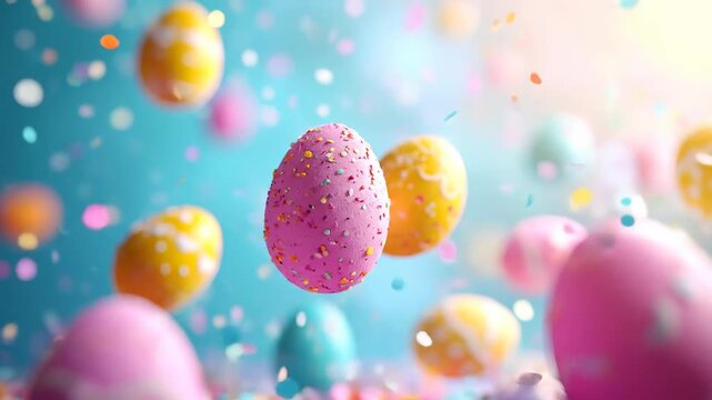Colorful decorated eggs floating in the air with confetti on a bright background.