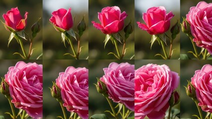 Obraz premium Botanical evolution captures the progression of a vibrant pink rose from bud to full bloom with a