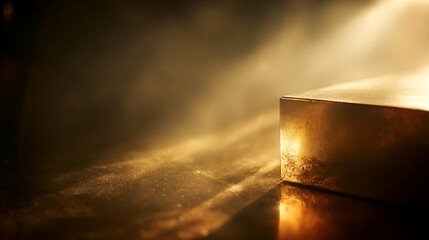 Golden Cube Illuminated by Dramatic Light Rays beams
