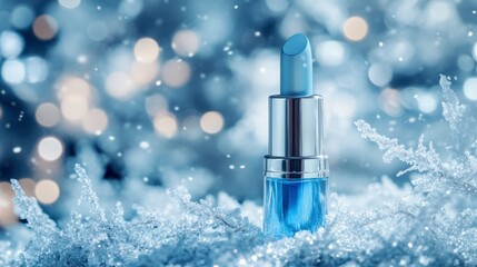 Elegant Blue Lipstick Glowing Amidst Snowy Winter Backdrop