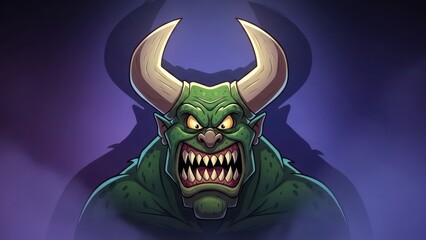 Illustration of a formidable green demonic figure with menacing horns and sharp teeth in detailed