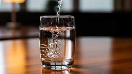 Refreshing hydration pure water flowing into a glass creating delicate air bubbles