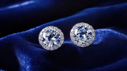 Brilliant Diamond Earrings on Luxurious Blue Fabric Background