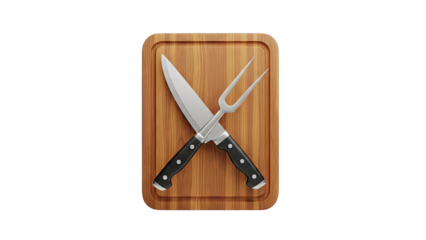 Carving Knife and Fork Crossed on Wooden Cutting Board