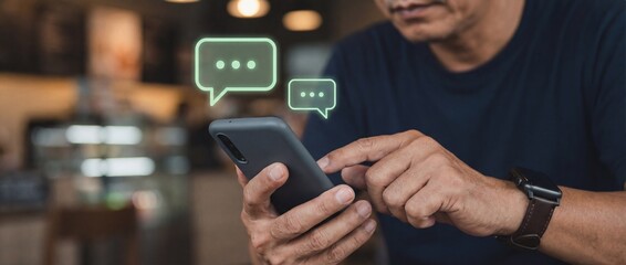 Man using smartphone with message icons in a modern cafe setting