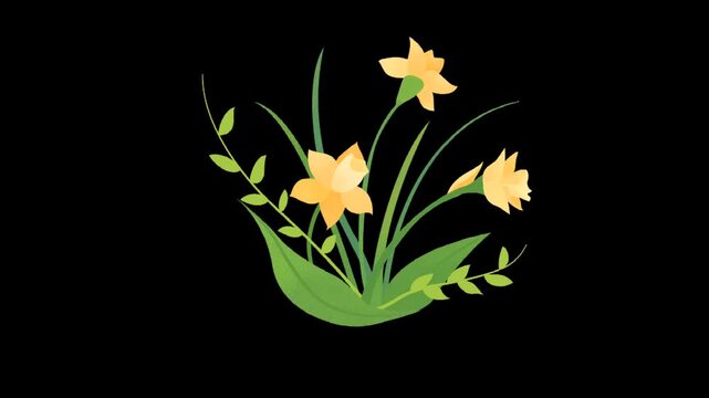 Yellow daffodil flowers with green leaves on dark background, elegant floral animation loop