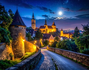 Obraz premium Illuminated European town with road leading to historic buildings under a night sky
