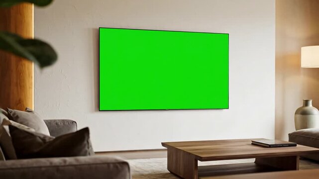 Blank green screen TV mounted on a white wall in a modern living room interior for smart home entertainment concept and product display
