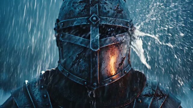 Close-up of a dark medieval knight in worn armor enduring pouring rain for a struggle concept and historical fantasy visual