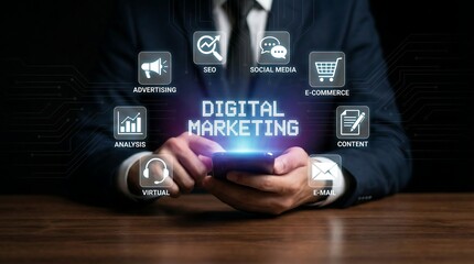 A professional in a suit interacts with a smartphone displaying digital marketing icons representing the integration of technology and modern business strategies