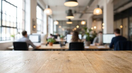 a softly focused interior view displays a modern open plan office space with blurred figures working at desks and hanging pendant lights above