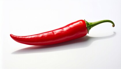 A vibrant, ripe red chili pepper with a green stem, lies on a white surface