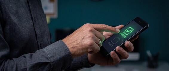 Person approving digital document on smartphone screen with green checkmark confirmation