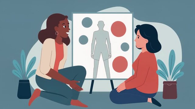 Two women discuss human body diagram on board in office setting with plants