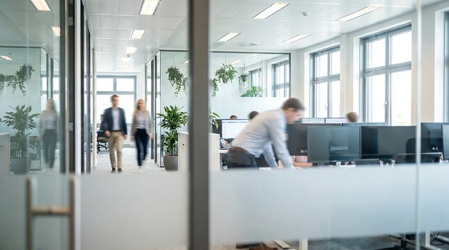 an open plan modern office space shows several individuals working at desks and walking through the hallway featuring glass walls and indoor plants - Powered by Adobe
