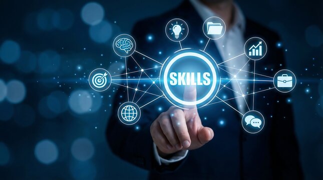 A professional is interacting with a glowing digital interface displaying various icons representing essential skills and technologies in a futuristic context high quality - Powered by Adobe