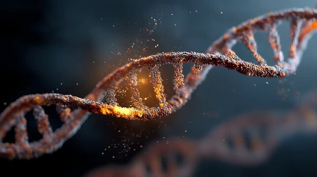 Illuminated double helix of genetic material surrounded by gold particles