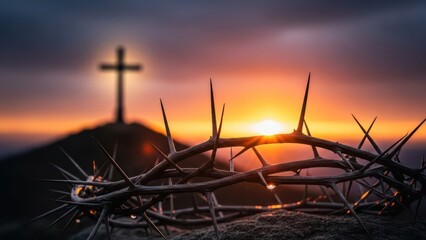 Dawn of faith: Crown of thorns under a breathtaking sunrise with cross silhouette symbolizes