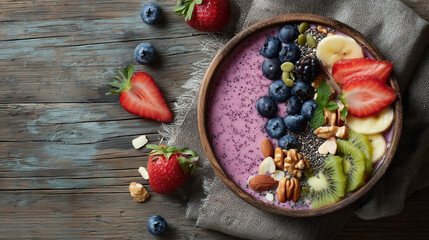 Healthy Smoothie Bowl With Fresh Fruit, Nuts, and Seeds &mdash; Colorful Breakfast Palette
