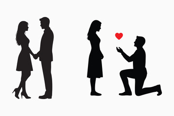 Silhouette of romantic couple holding hands and man proposing with heart