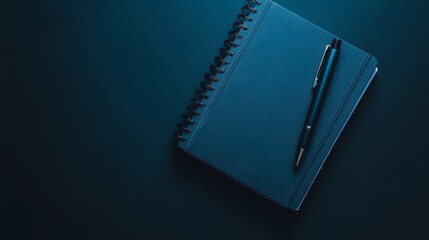 Dark Satin Background with Blank Notebook and Pen on Table Surface