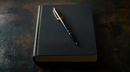 Elegant Black Notebook with Gold Pen on Dark Textured Background