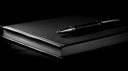 Black Notebook with Silver Pen on Dark Background for Writing
