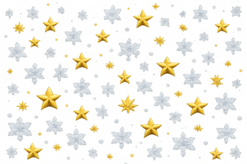 Golden stars and white snowflakes scattering, creating a festive winter holiday decoration pattern, transparent background