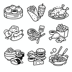 A set of food icons showcasing various dishes and utensils in a simple line icon set