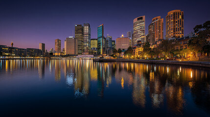 Obraz premium Iconic City Skyline at Dusk With Glowing Reflections Along Waterfront Harbor Night Lights