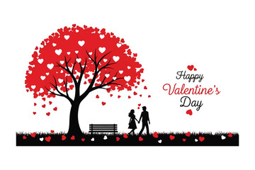 Valentines Day celebration with couple walking under heart shaped tree