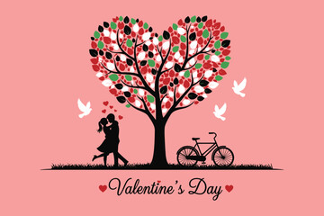 Valentines Day couple kissing under heart shaped tree with bicycle and doves flying