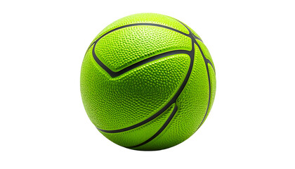 A vibrant, neon-green basketball with black seams is isolated against a stark black background, emphasizing its texture