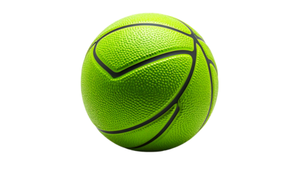 A vibrant, neon-green basketball with black seams is isolated against a stark black background, emphasizing its texture