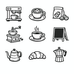A collection of coffee-themed icon set featuring various elements like croissants and coffee makers.