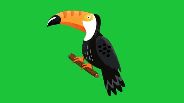 Colorful toucan perched on branch with bright beak on green background, simple cartoon animation loop