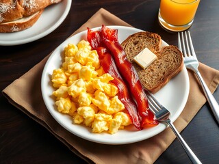 Classic breakfast plate with scrambled eggs, bacon, and toast