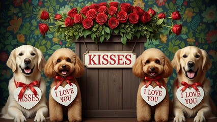 Four dogs with heart shaped tags and roses for valentine day