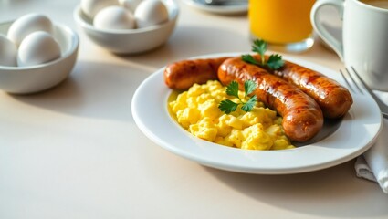 Delicious breakfast plate with sausages and scrambled eggs