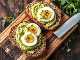 Avocado and egg toast on wooden board