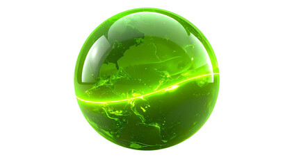 A vibrant, glowing green sphere, resembling Earth, floats against a stark black backdrop. A bright, encircling line accentuates the shape