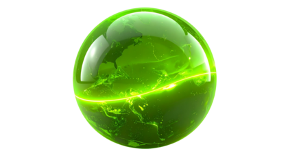 A vibrant, glowing green sphere, resembling Earth, floats against a stark black backdrop. A bright, encircling line accentuates the shape