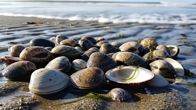 Clams and shells resting on wet sandy beach texture background.
