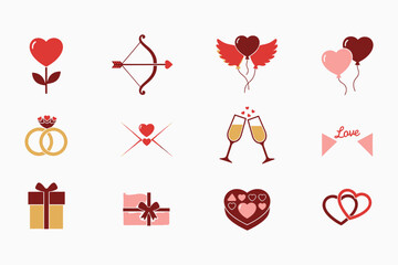 Valentines Day icons with hearts and love symbols on white background