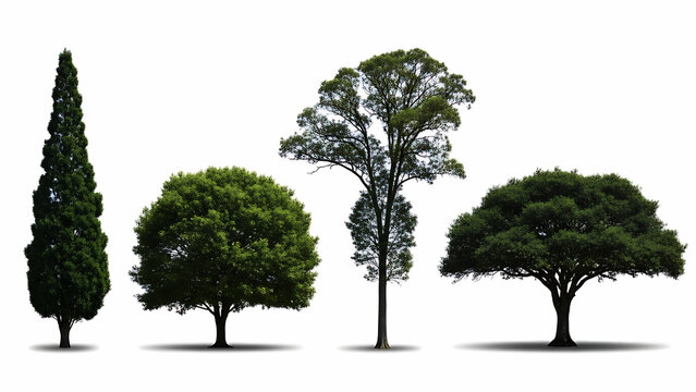 Four diverse green trees isolated on white background with shadows nature plant - Powered by Adobe
