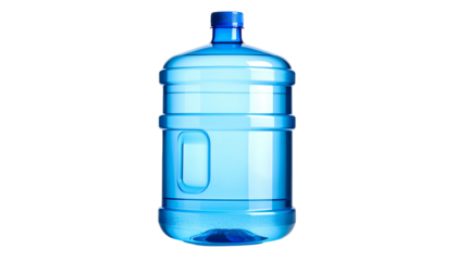 A translucent, blue, five-gallon water jug with a blue cap against a stark black background. It appears to be full and pristine