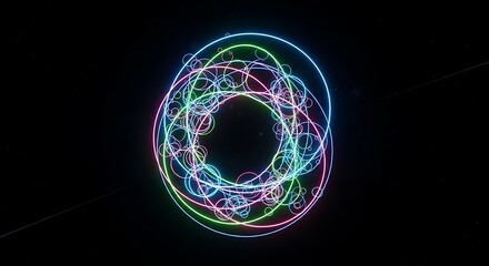 Abstract Neon Light Rings on Dark Background with Stars and Particle T