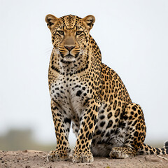 Obraz premium Majestic leopard sitting on the ground looking directly forward with a powerful gaze.