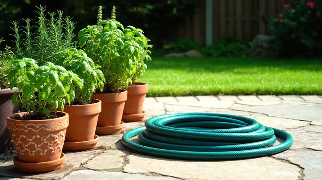 Coiled green garden hose on a stone patio next to potted plants with a lawn and wooden fence in the background.